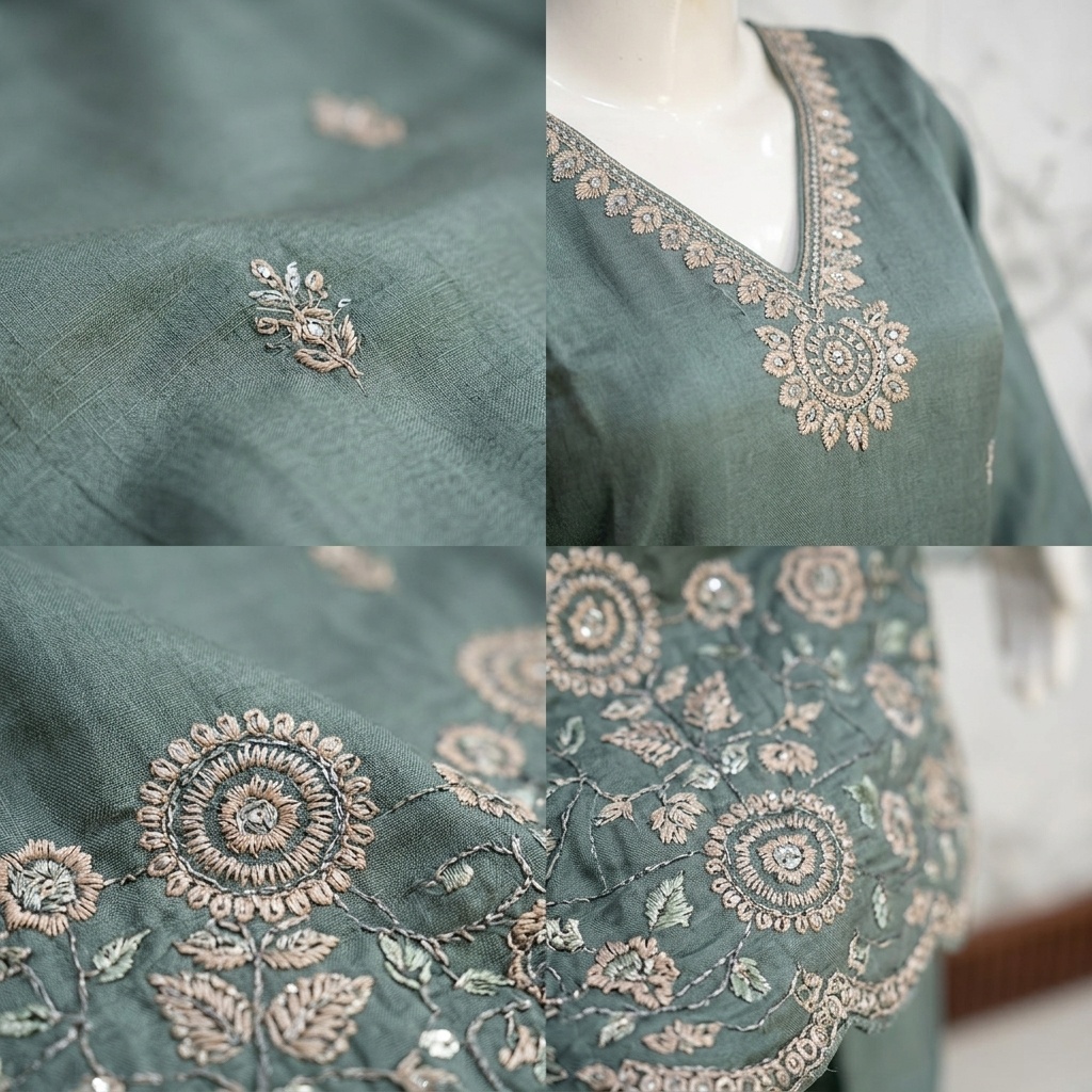 Sage Green Embroidered Straight Suit Set view 4