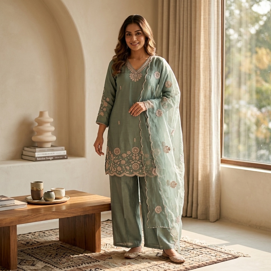 Sage Green Embroidered Straight Suit Set view 5