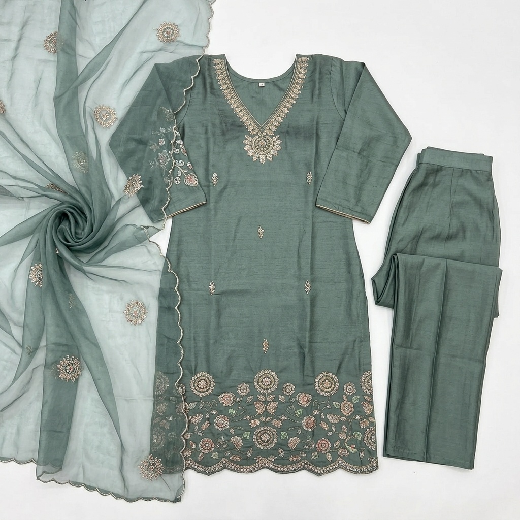 Sage Green Embroidered Straight Suit Set view 6