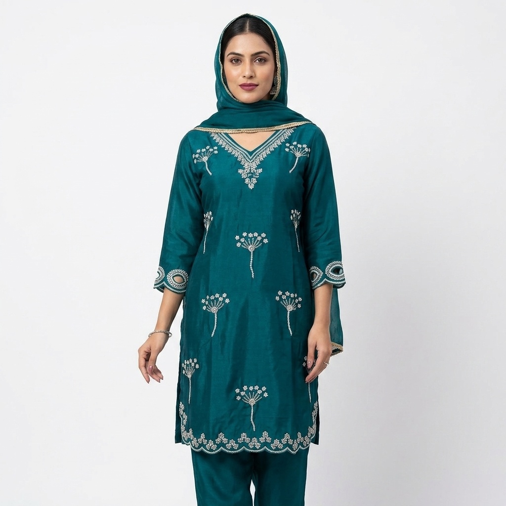 Dark Teal Embroidered Straight Suit Set