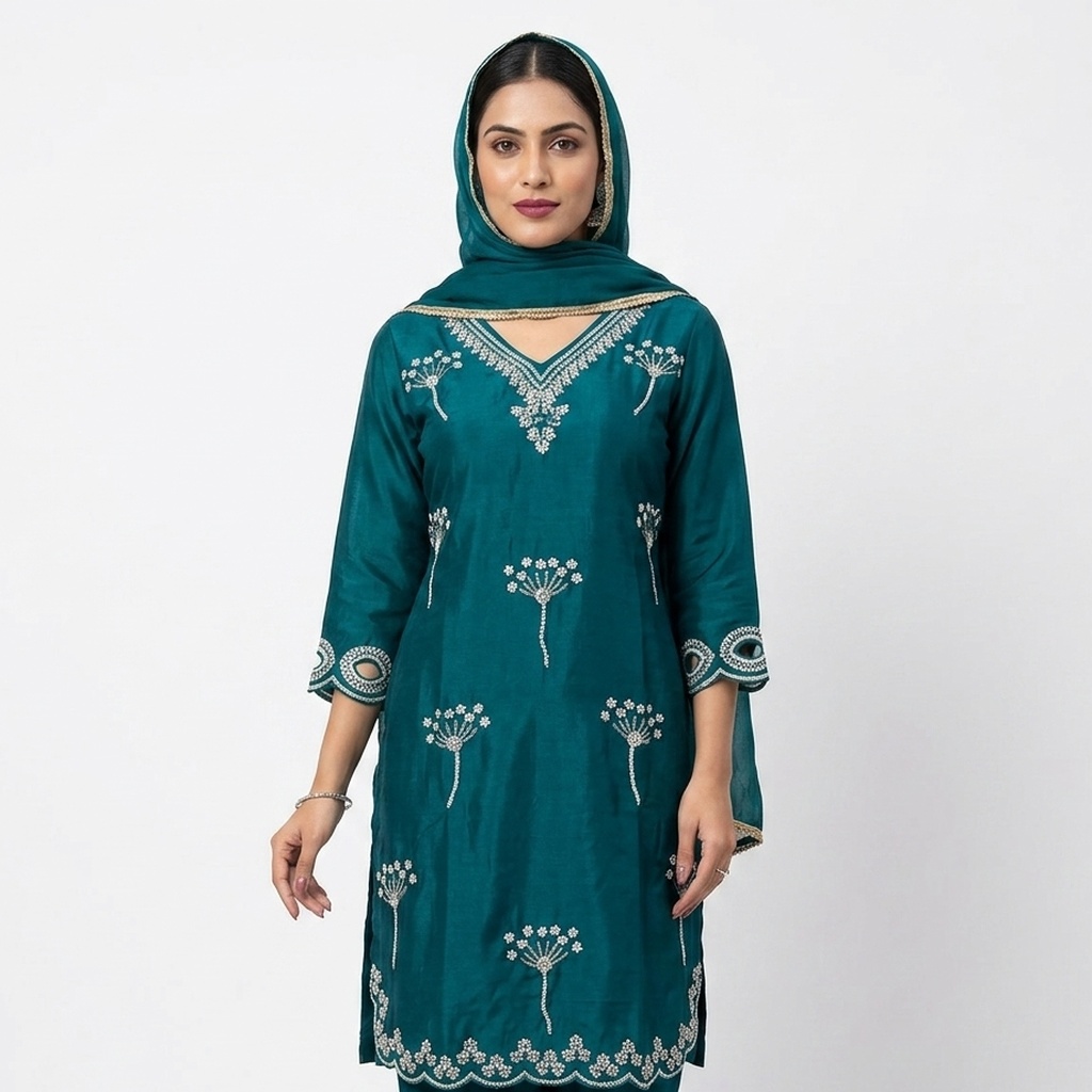 Dark Teal Embroidered Straight Suit Set view 3