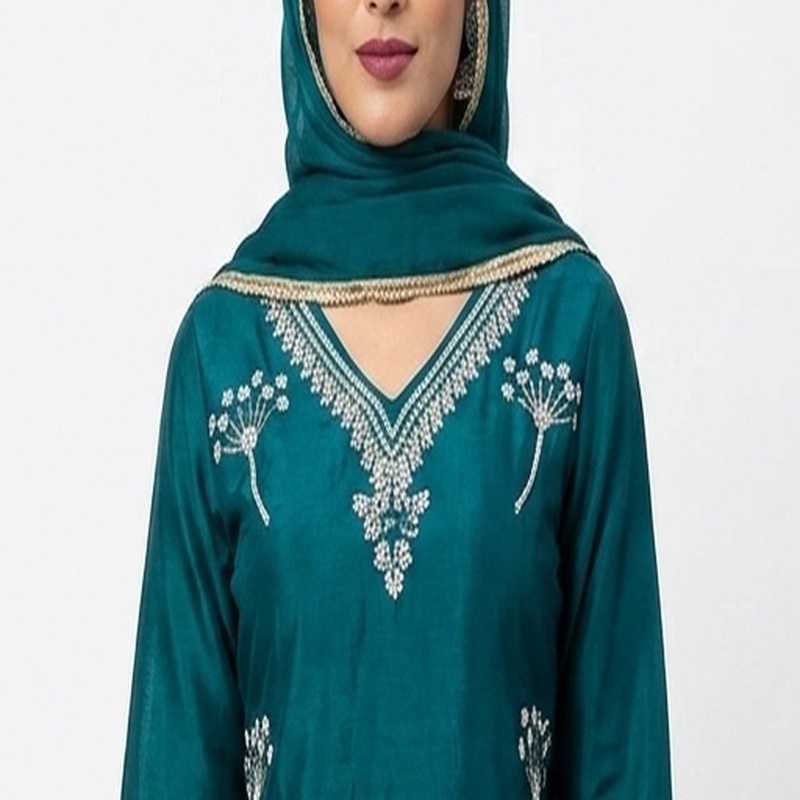Dark Teal Embroidered Straight Suit Set view 4