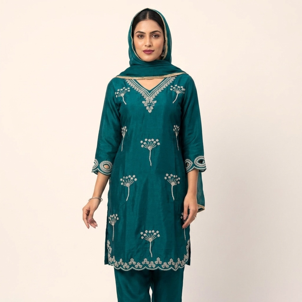 Dark Teal Embroidered Straight Suit Set view 5