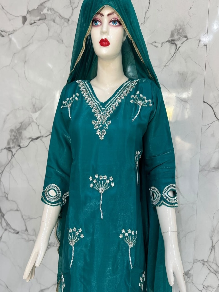 Dark Teal Embroidered Straight Suit Set view 6