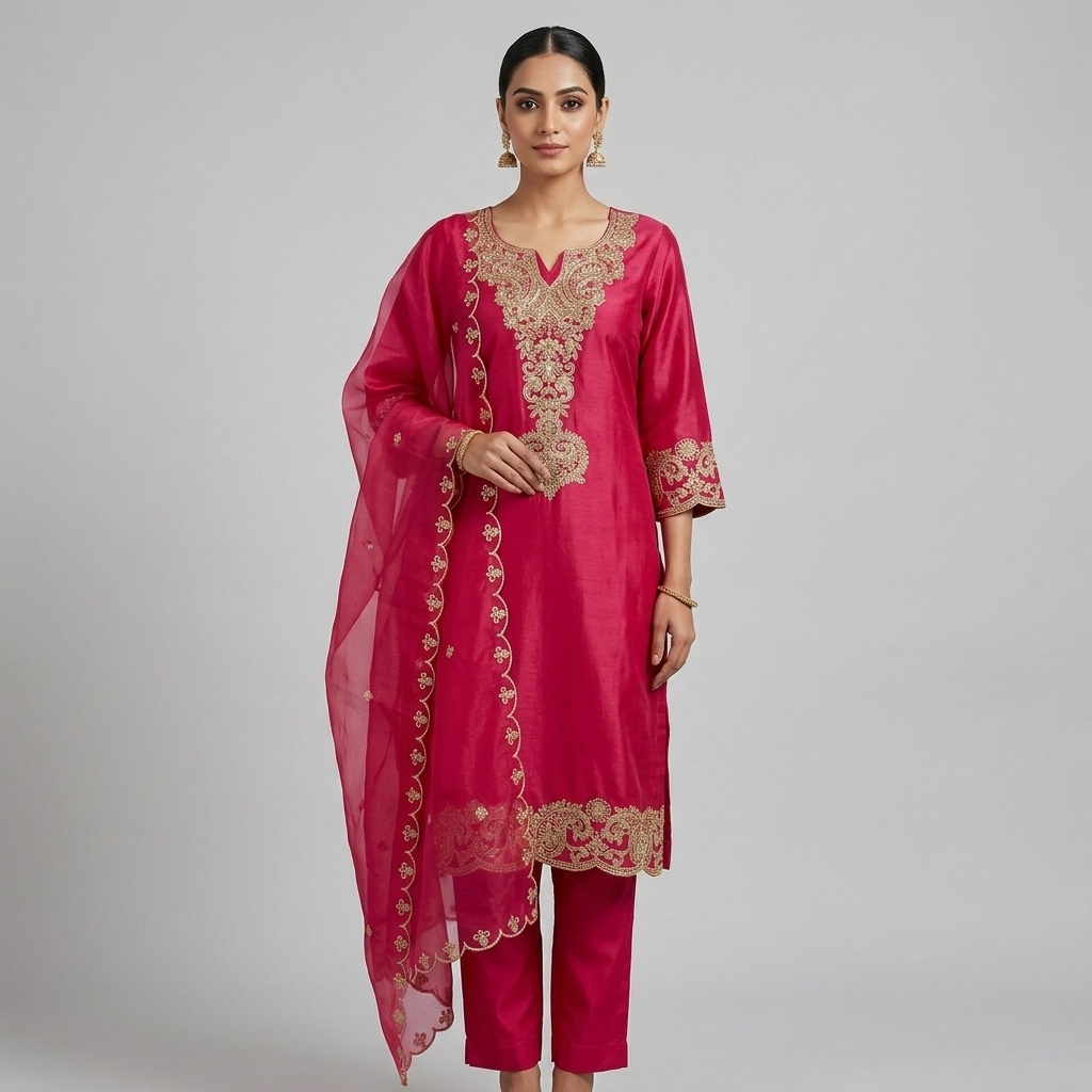 Fuchsia Pink Gold Embroidered Straight Suit Set