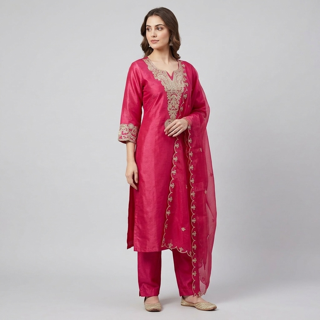 Fuchsia Pink Gold Embroidered Straight Suit Set view 3