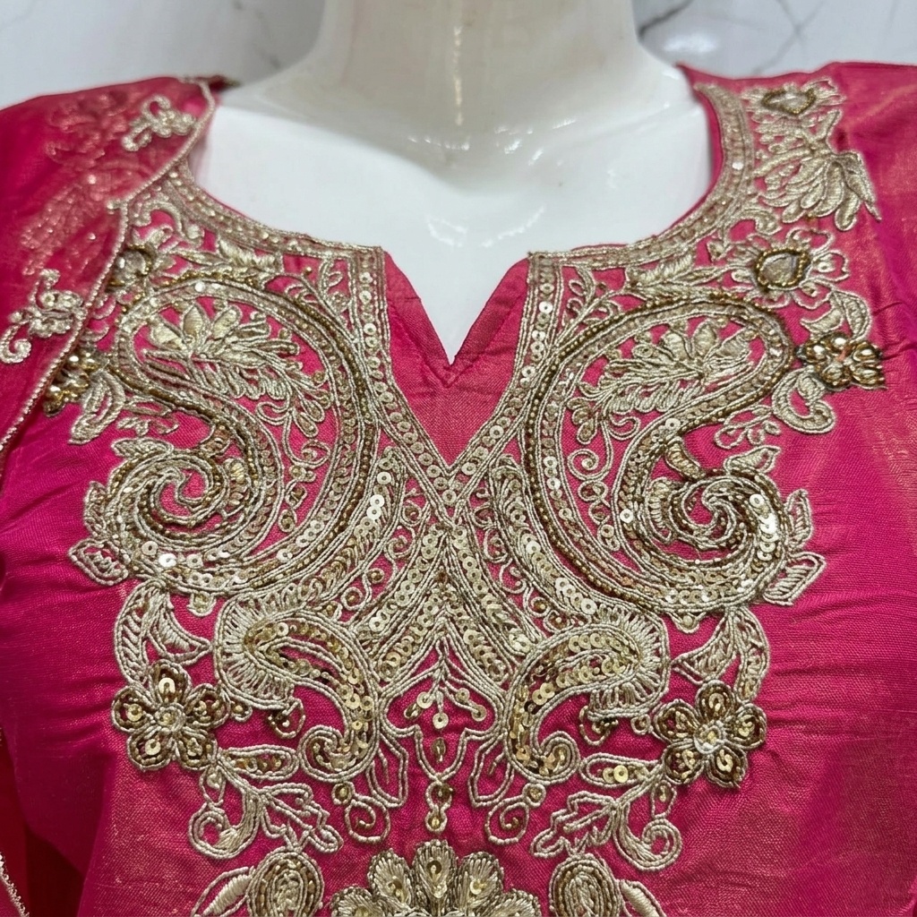Fuchsia Pink Gold Embroidered Straight Suit Set view 4