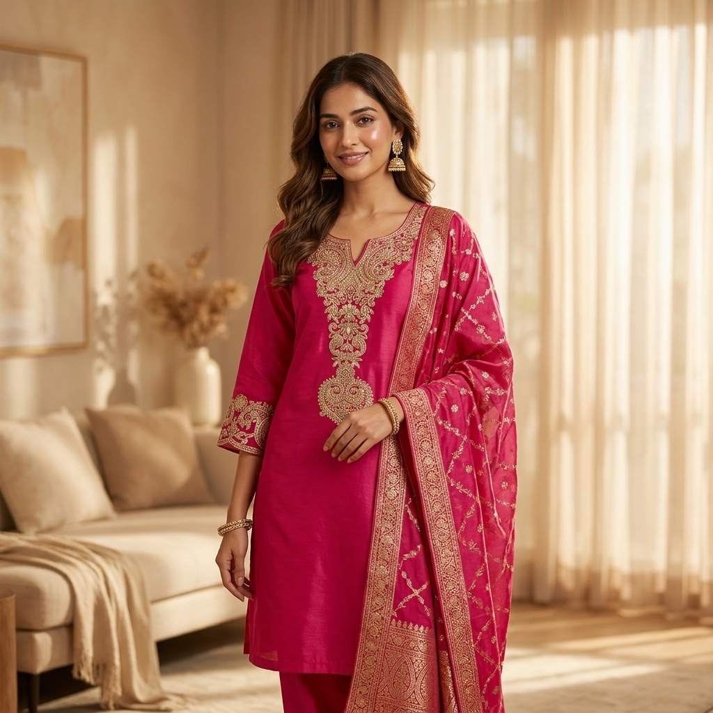 Fuchsia Pink Gold Embroidered Straight Suit Set view 5