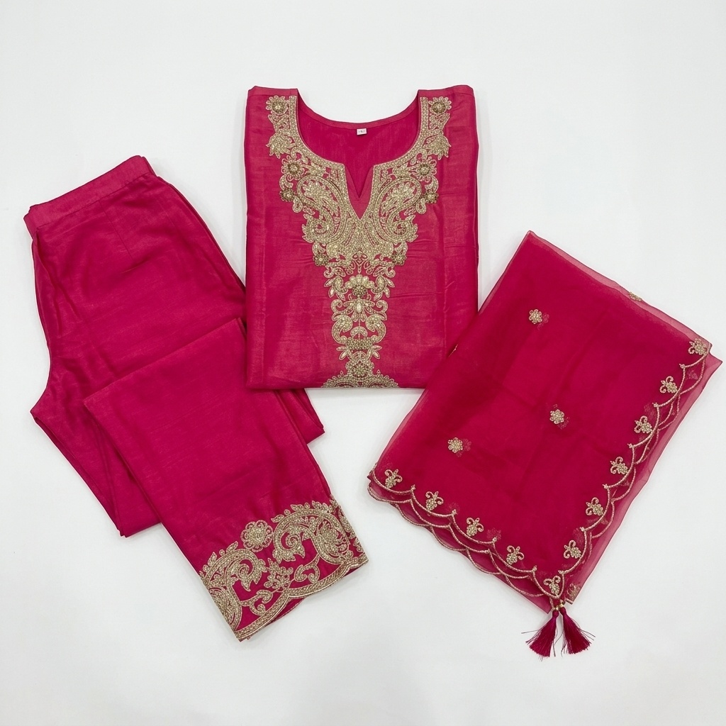 Fuchsia Pink Gold Embroidered Straight Suit Set view 6