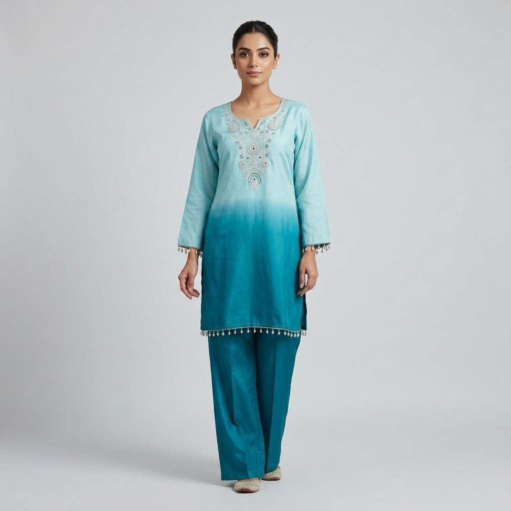 Teal Blue Ombre Embroidered Straight Suit Set
