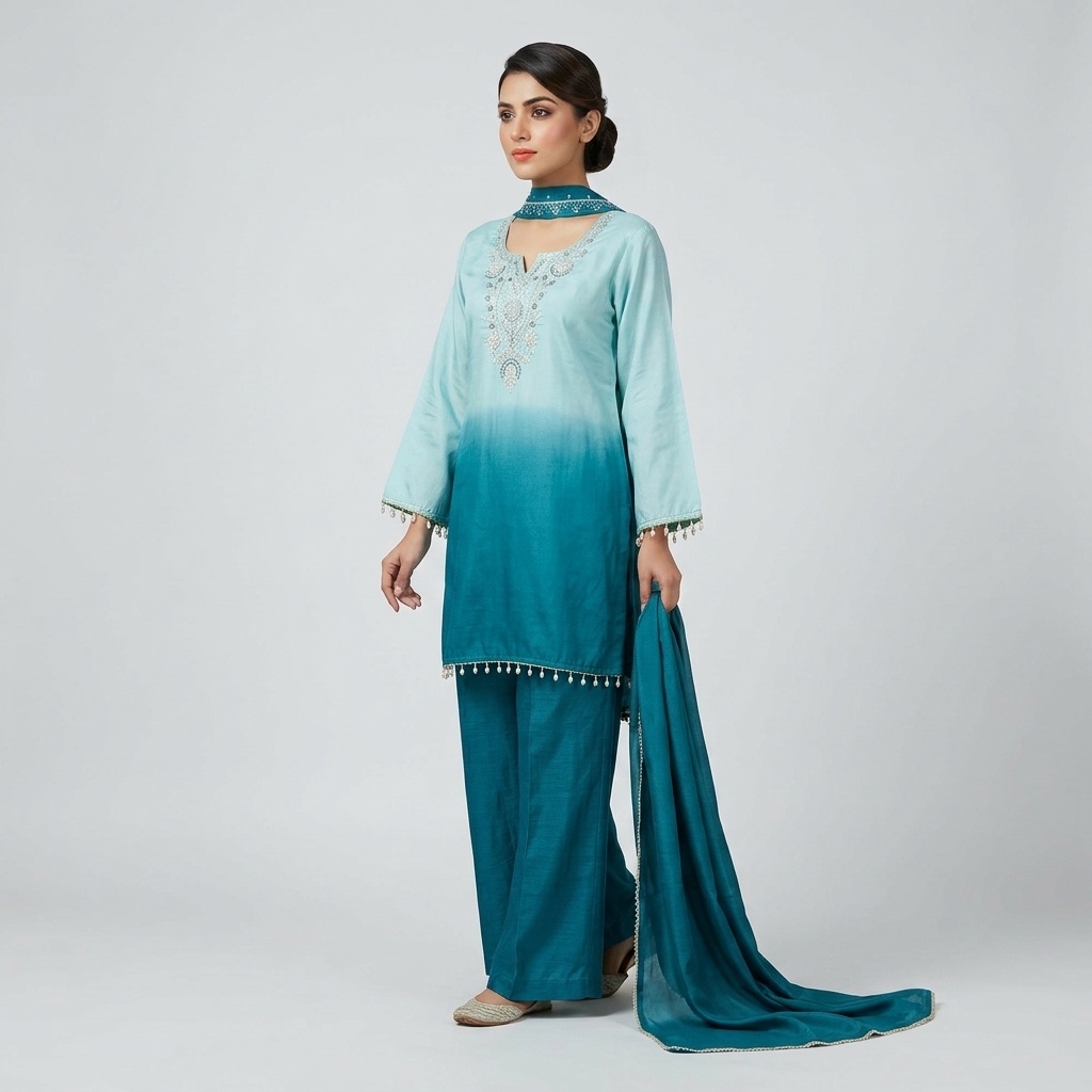 Teal Blue Ombre Embroidered Straight Suit Set view 3