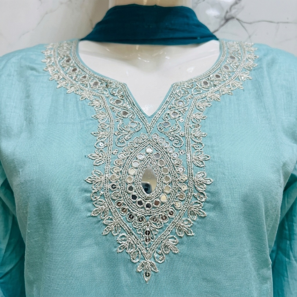 Teal Blue Ombre Embroidered Straight Suit Set view 4