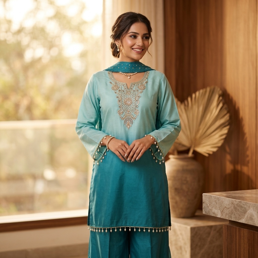 Teal Blue Ombre Embroidered Straight Suit Set view 5