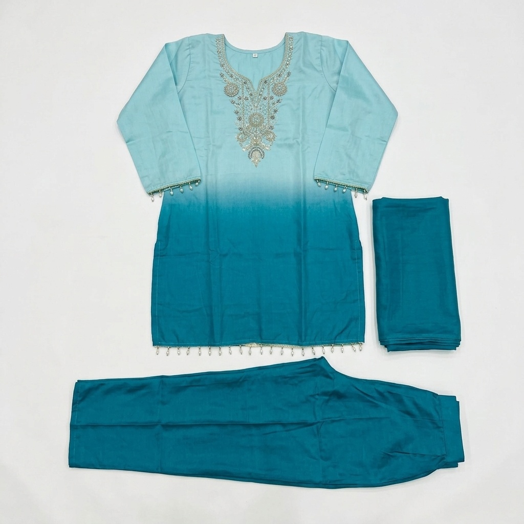 Teal Blue Ombre Embroidered Straight Suit Set view 6