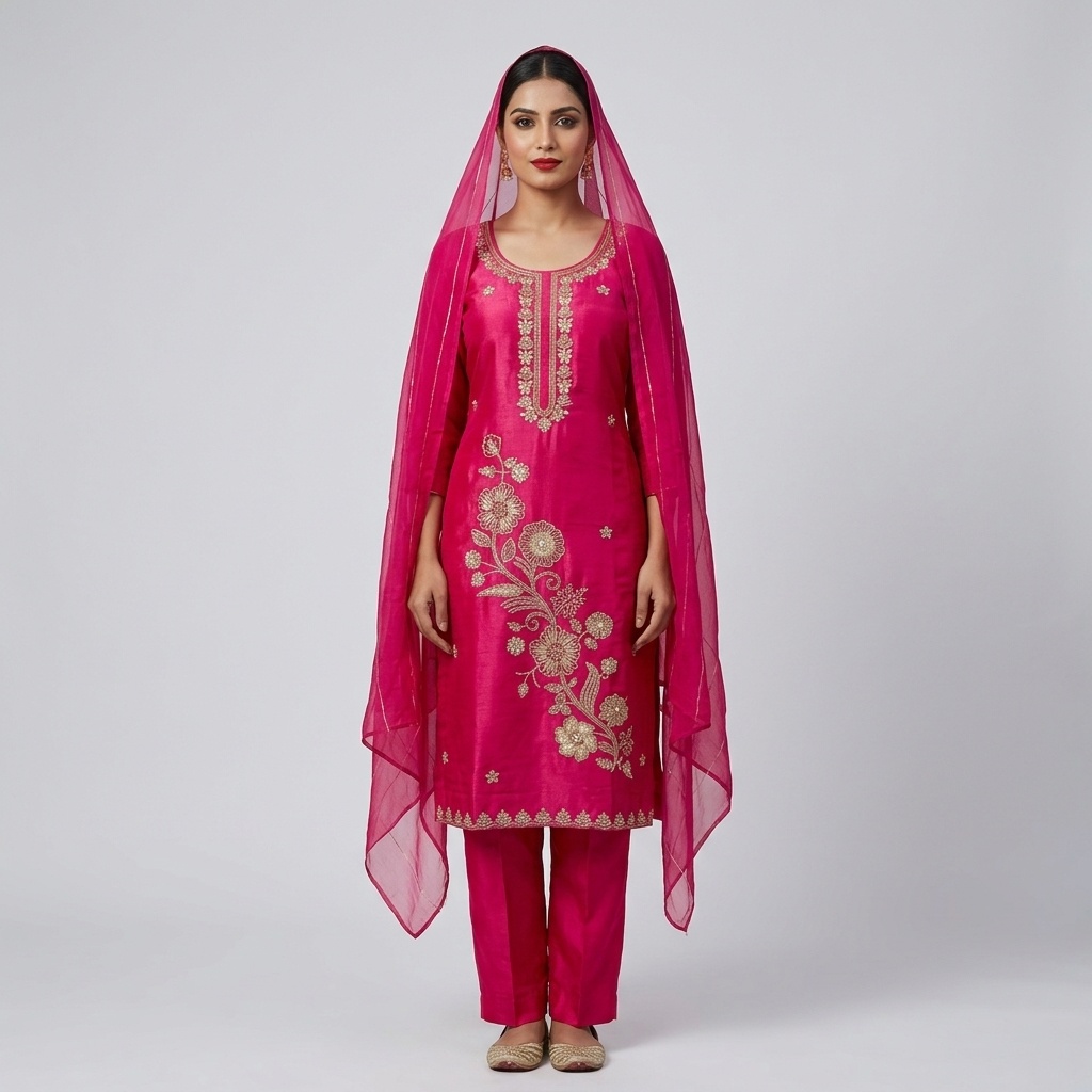 Hot Pink Floral Vine Embroidered Straight Suit Set