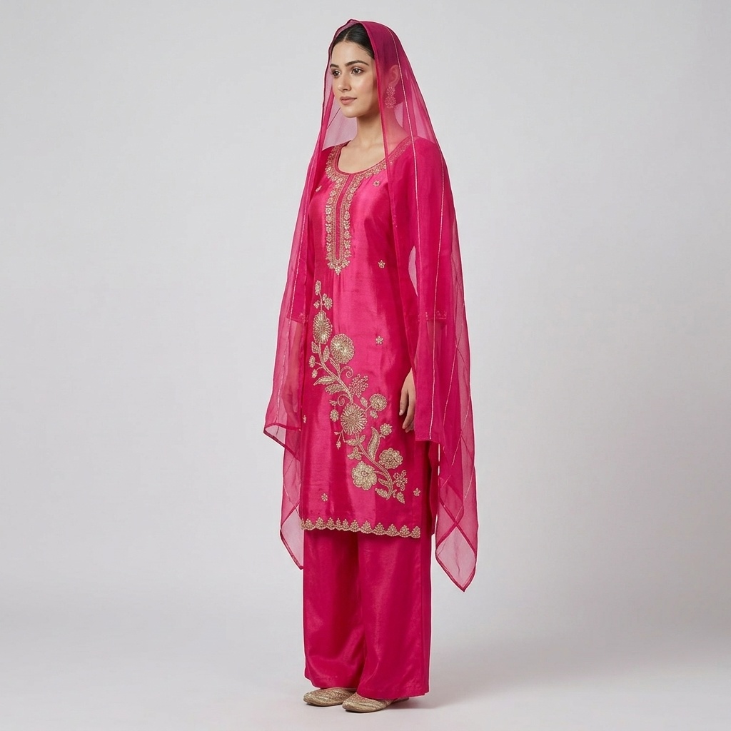 Hot Pink Floral Vine Embroidered Straight Suit Set view 3