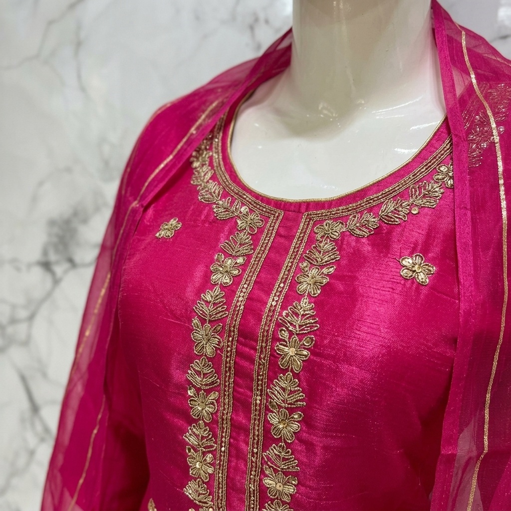 Hot Pink Floral Vine Embroidered Straight Suit Set view 4