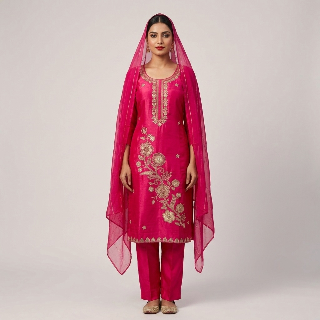 Hot Pink Floral Vine Embroidered Straight Suit Set view 5