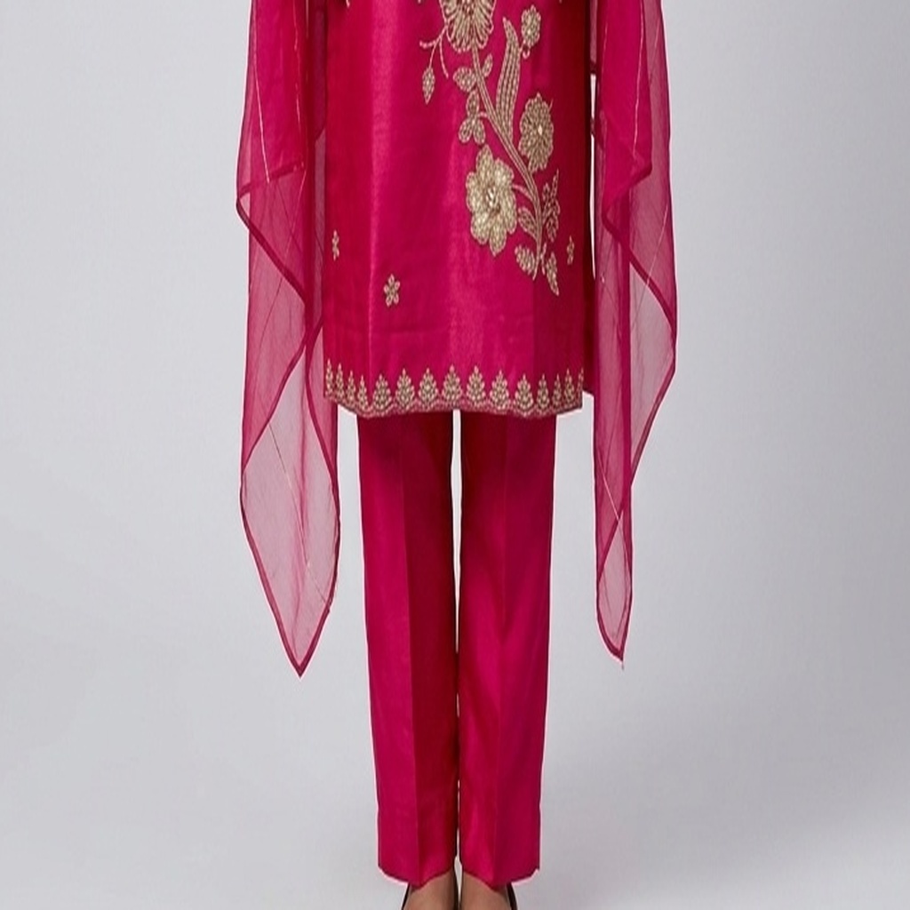Hot Pink Floral Vine Embroidered Straight Suit Set view 6