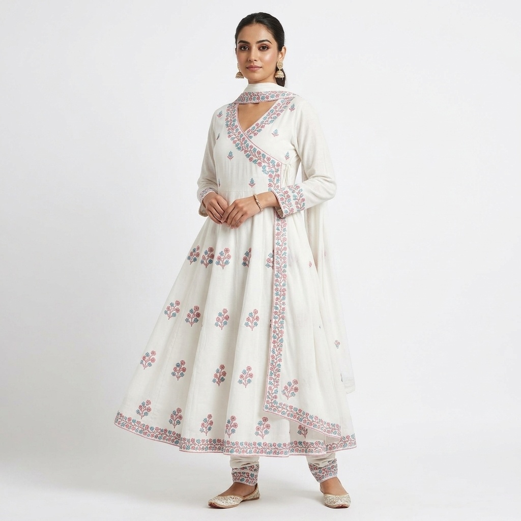 White Floral Angrakha Anarkali Suit Set