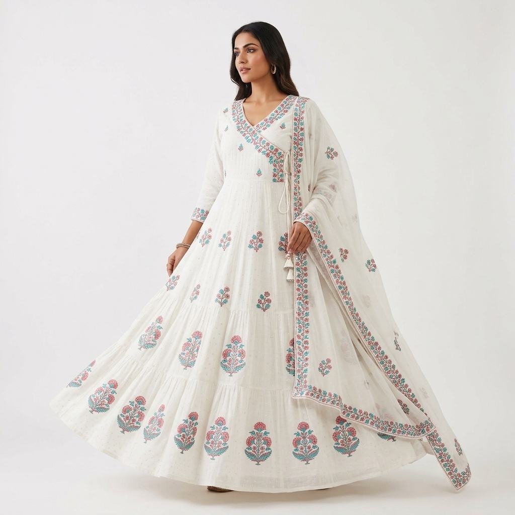 White Floral Angrakha Anarkali Suit Set view 3
