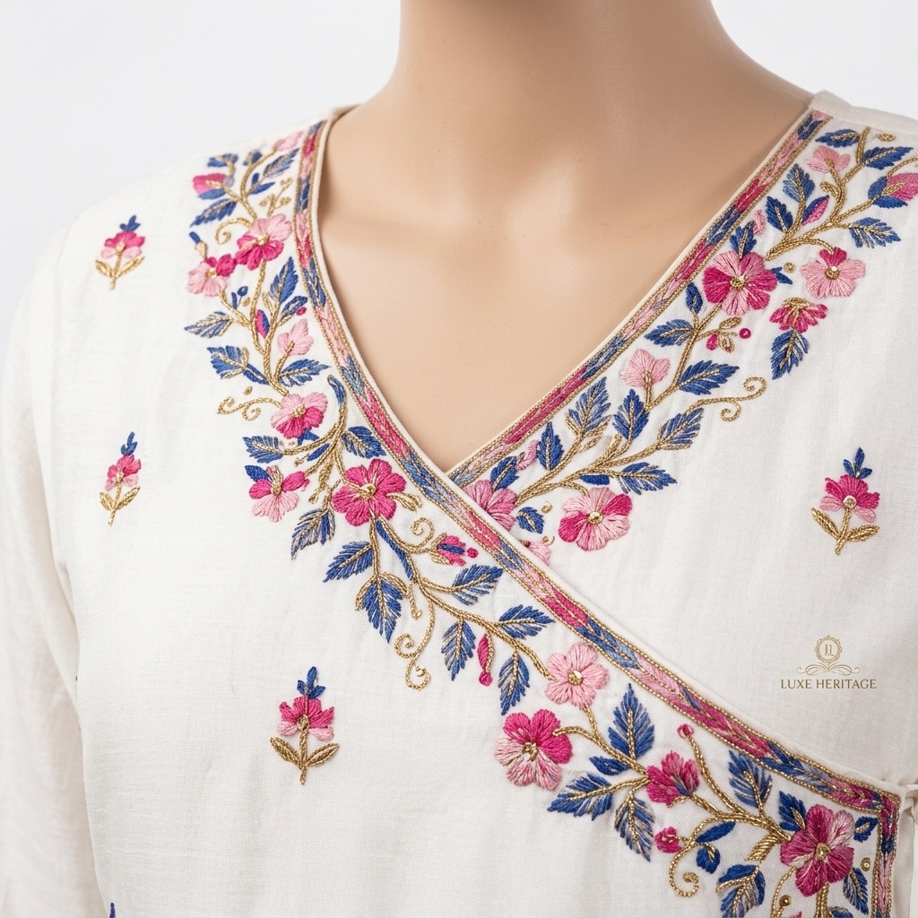 White Floral Angrakha Anarkali Suit Set view 4