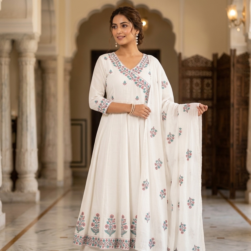 White Floral Angrakha Anarkali Suit Set view 5