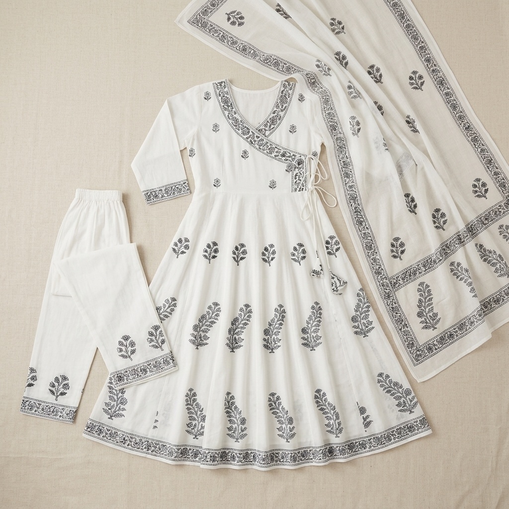 White Floral Angrakha Anarkali Suit Set view 6