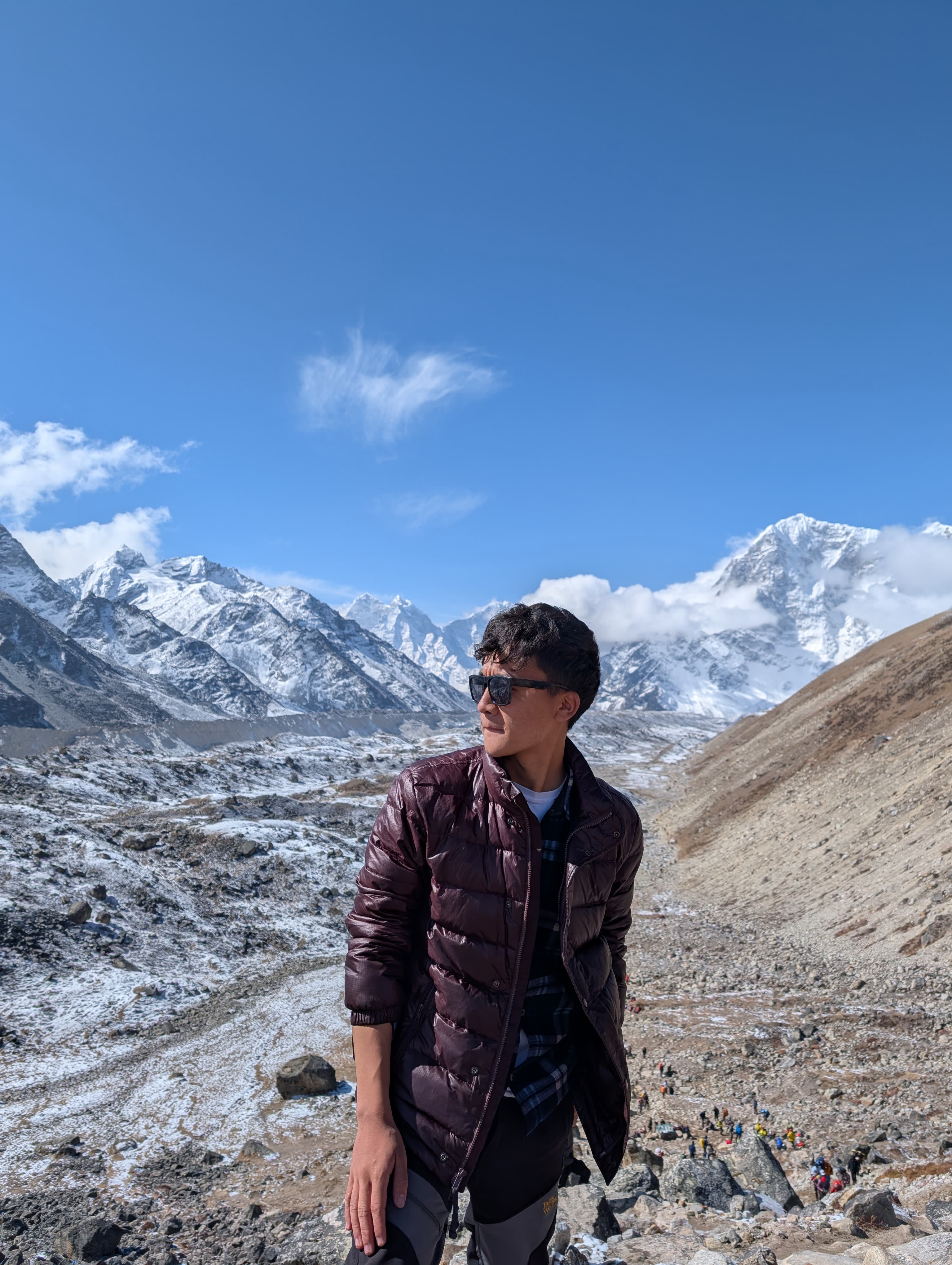 Mountains in background pose