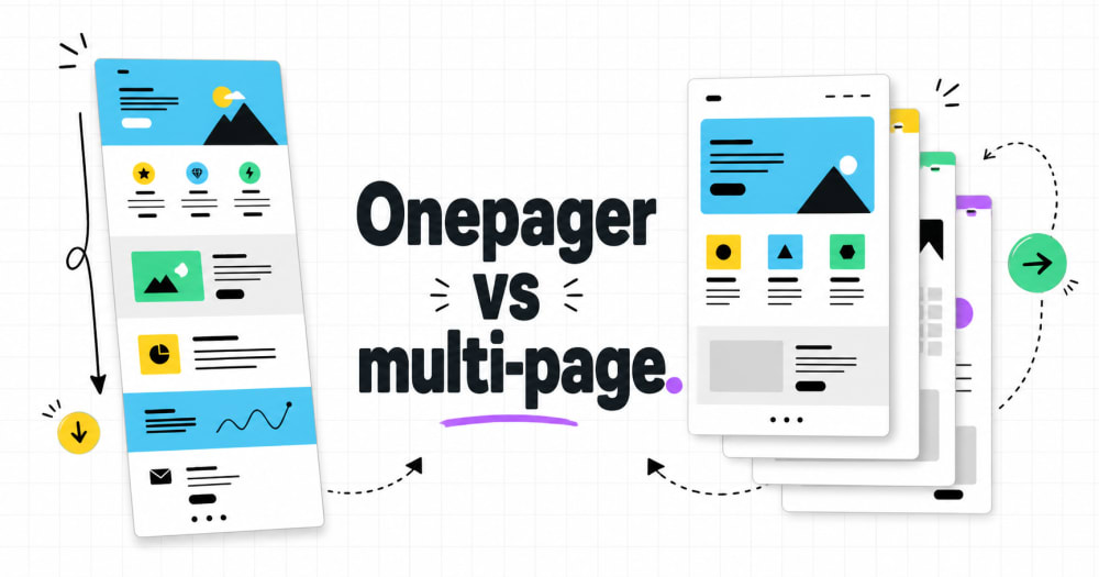 Illustratie die een onepager vergelijkt met een multi-page website