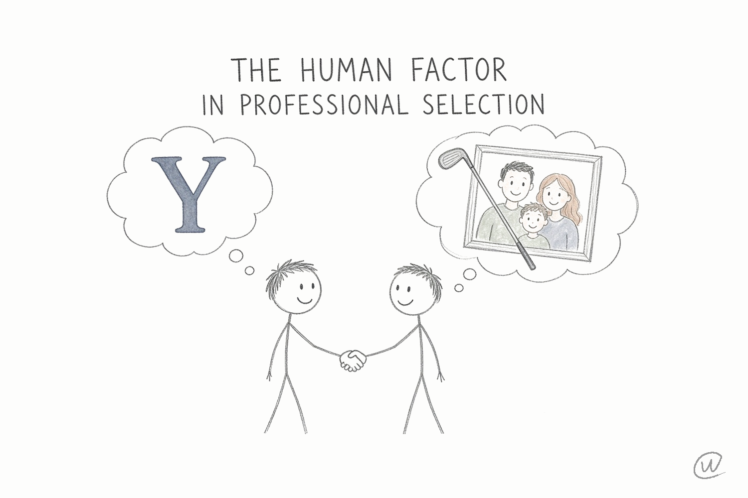 The Human Factor in Professional Selection: stick figures shake hands, thinking of a college Y logo and a family photo