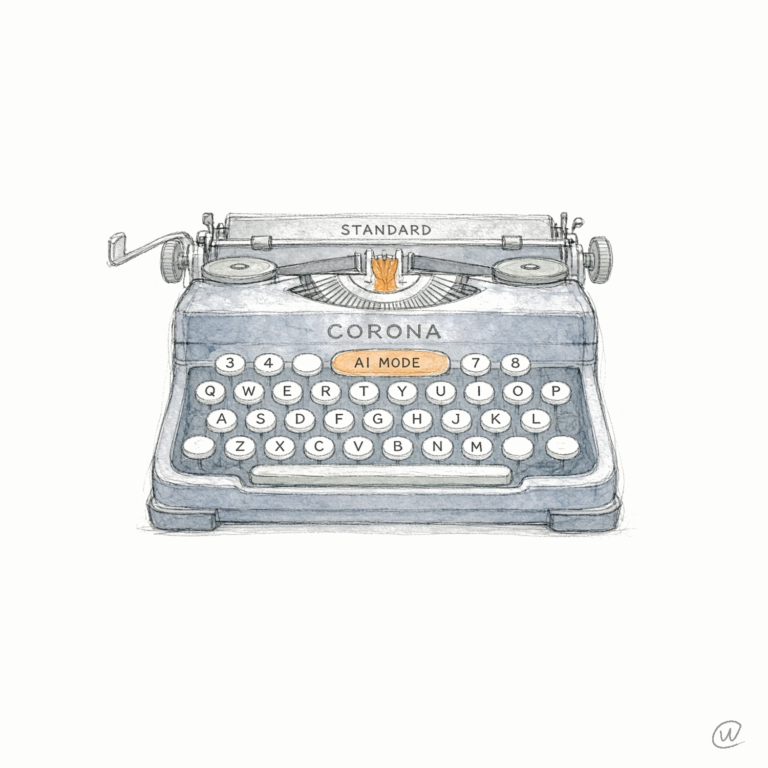 Illustration of a Corona typewriter with an AI MODE key placed above the QWERTY row of keys