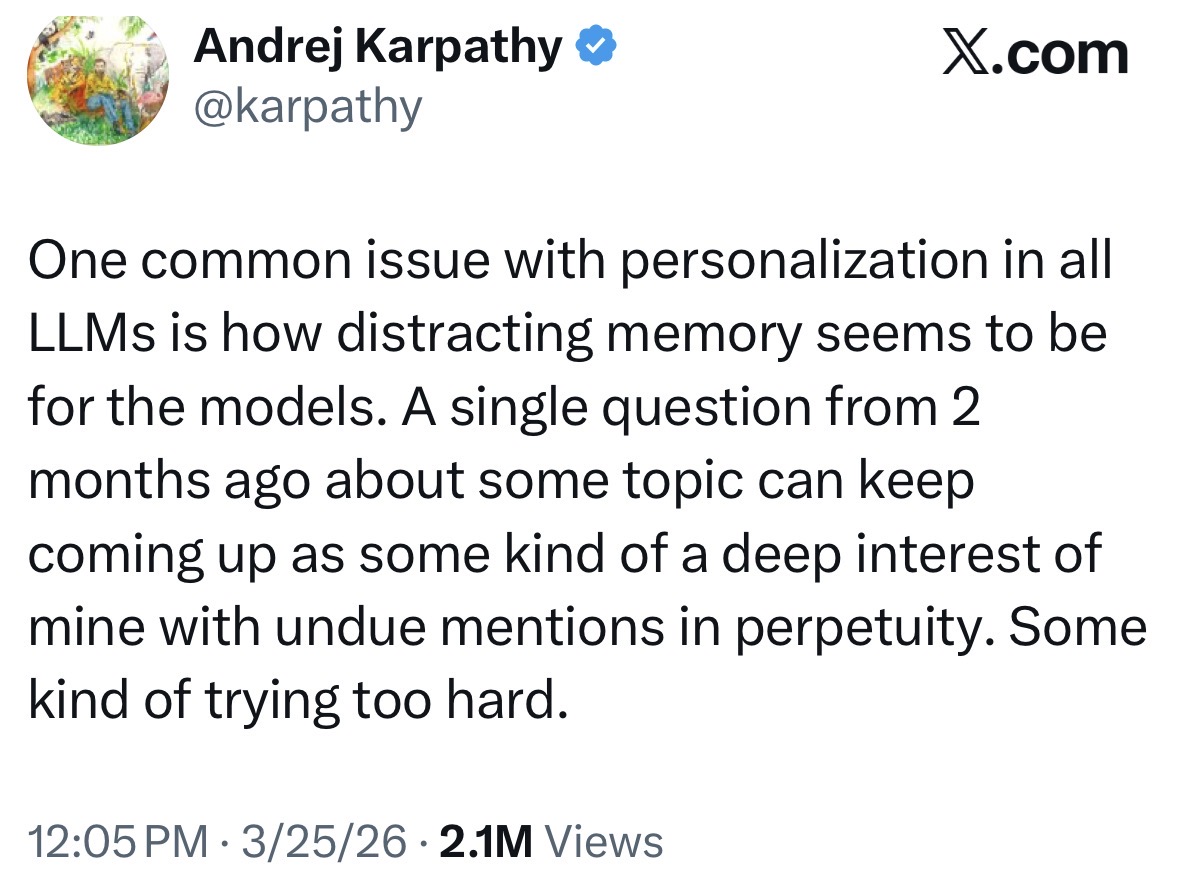 Tweet from @karpathy about LLM memory and personalization