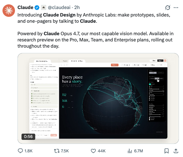 Tweet from @claudeai announcing Claude Design by Anthropic Labs, a tool for making prototypes, slides, and one-pagers by talking to Claude, powered by Claude Opus 4.7