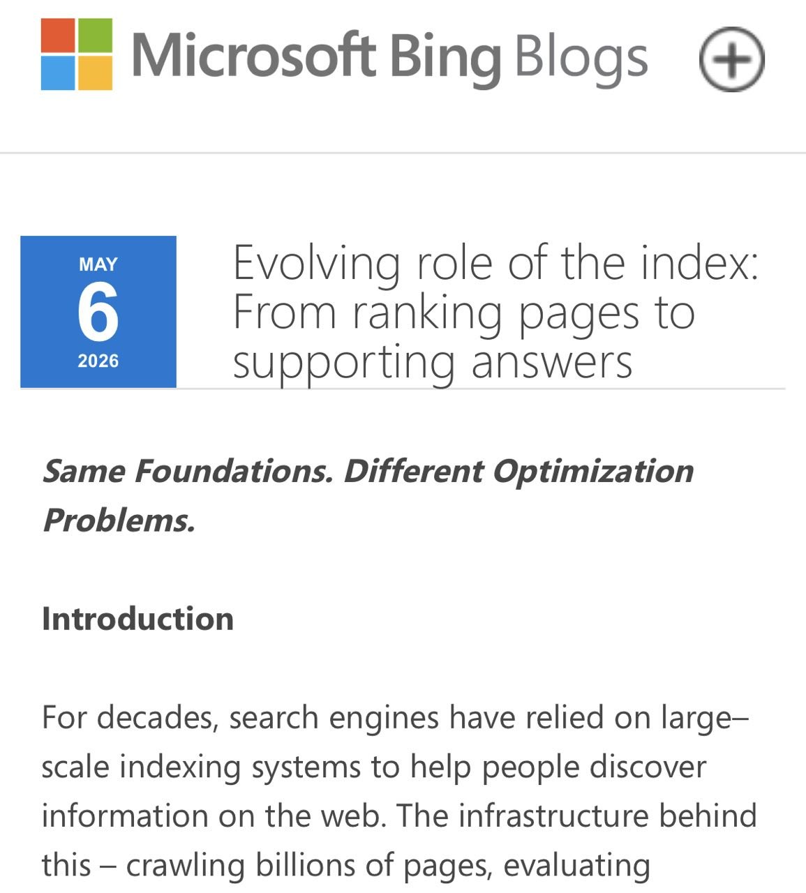 Screenshot of Microsoft Bing Blogs article Evolving role of the index From ranking pages to supporting answers
