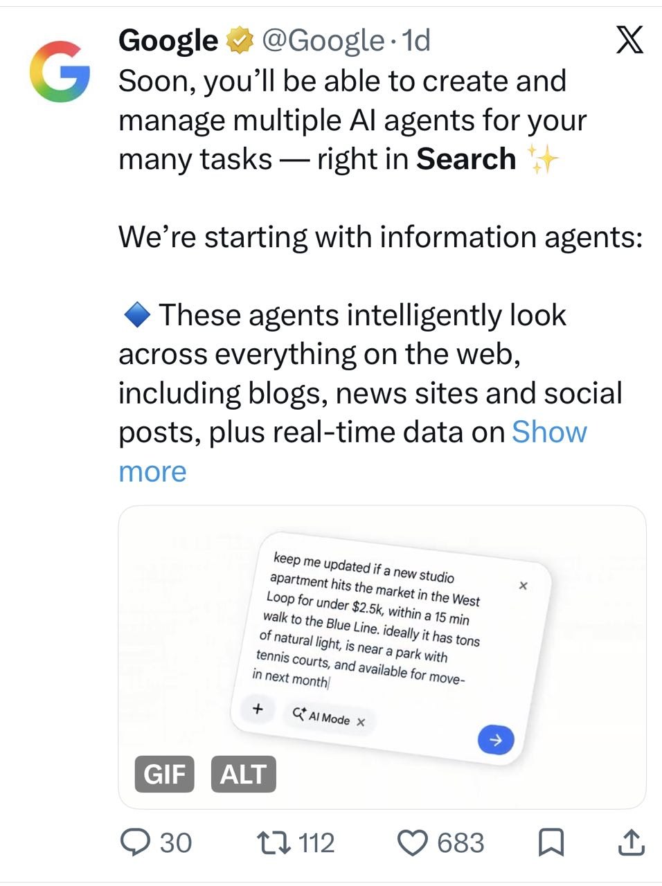 Screenshot of a Google X post announcing AI agents in Search that look across the web and real-time data