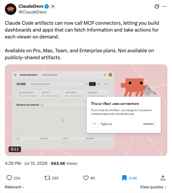ClaudeDevs announcing MCP connectors in artifacts