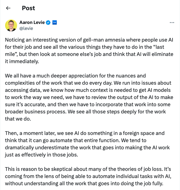Screenshot of Aaron Levie's X post about AI job fear as workplace Gell-Mann amnesia.