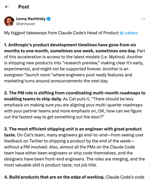 Screenshot of Lenny Rachitsky's X post summarizing Cat Wu and Claude Code product lessons.