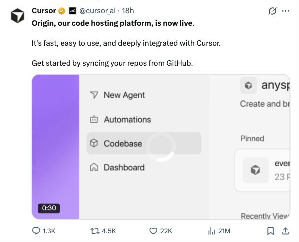 Cursor announces that Origin is live and can sync repositories from GitHub
