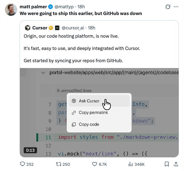 Matt Palmer quote-posts Cursor's Origin launch with a joke about the timing