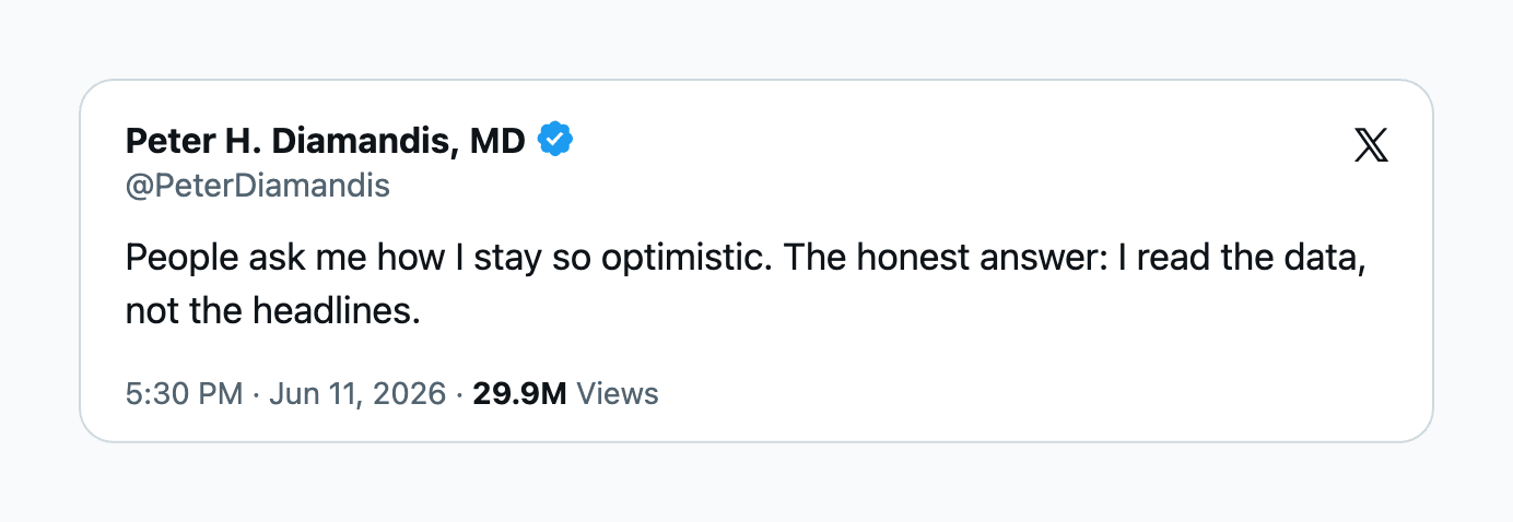 Peter H. Diamandis on X: People ask me how I stay so optimistic. The honest answer: I read the data, not the headlines.