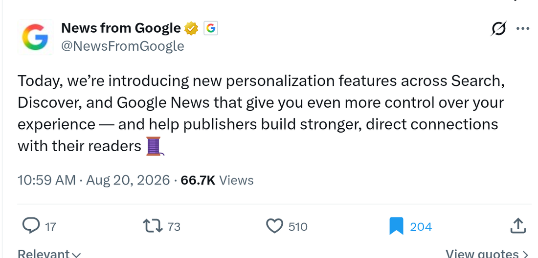 News from Google on Preferred Sources across Search, Discover, and News.