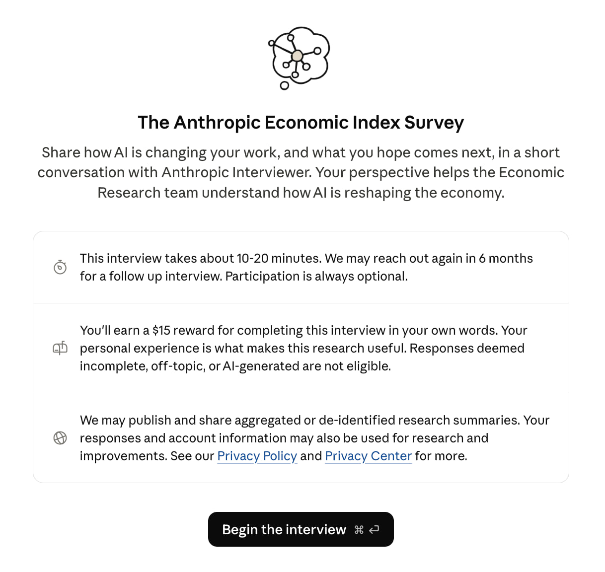 The Anthropic Economic Index Survey, offering a $15 reward for a short interview about how AI is changing your work