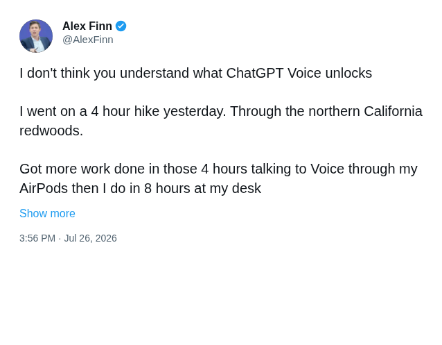Alex Finn on a four-hour ChatGPT Voice hike in the redwoods.