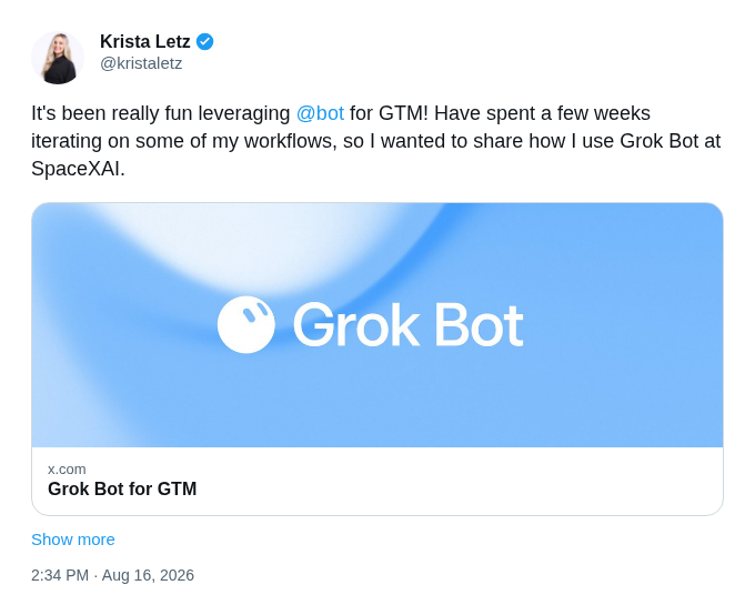 Krista Letz on using Grok Bot for GTM at SpaceXAI.