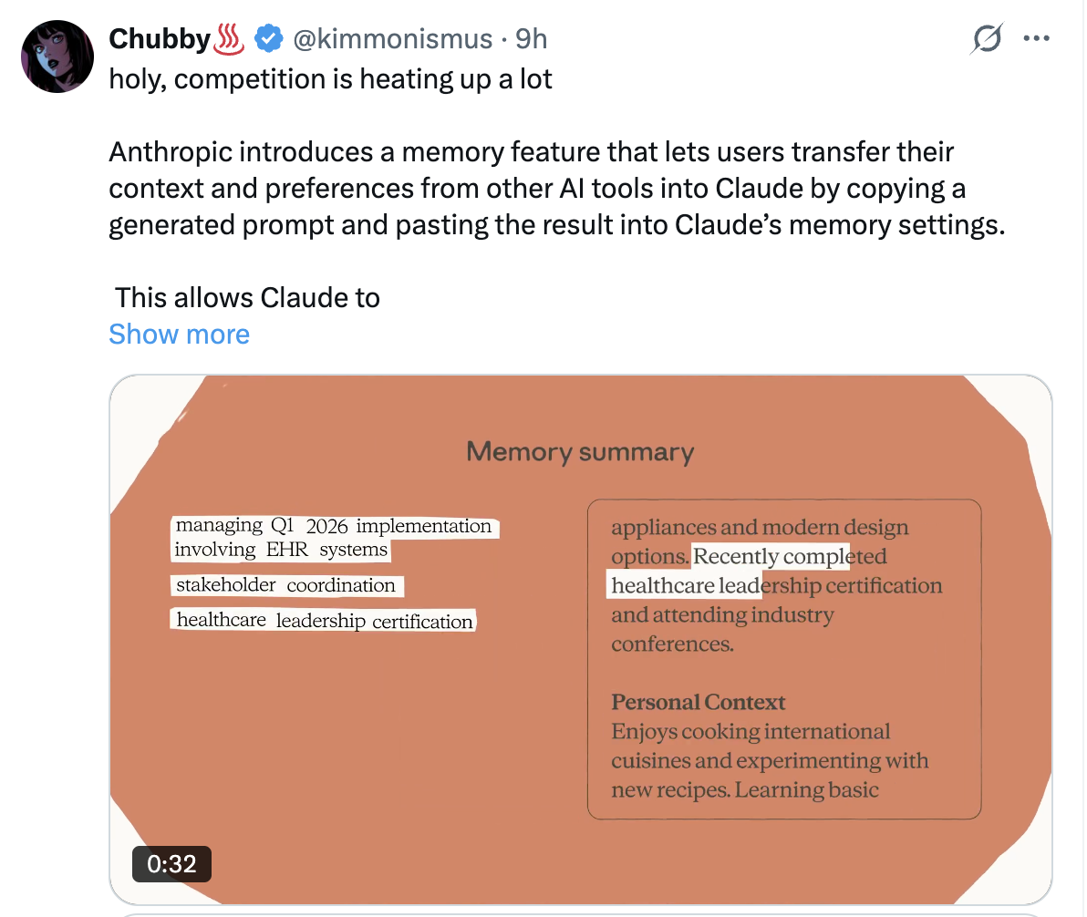 Tweet from kimmonismus about Anthropic introducing a memory feature that lets users transfer context and preferences from other AI tools into Claude