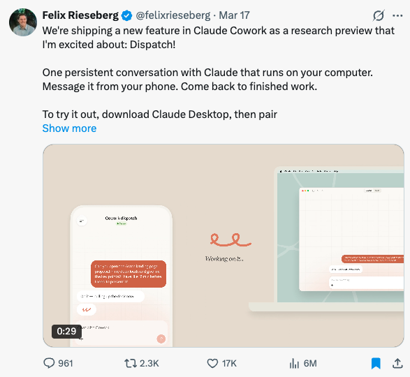 Felix Rieseberg announcing Dispatch on X