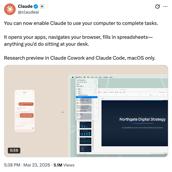 Claude Computer Use announcement tweet, March 23 2026