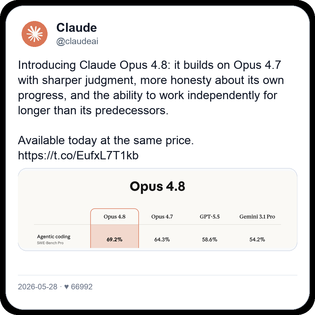 Claude Opus 4.8 launch post from Anthropic